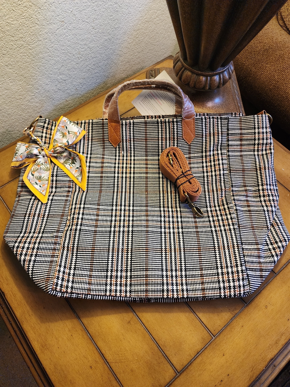Thirty-One Casual Crossbody Plaid Canvas Bag with Yellow Scarf